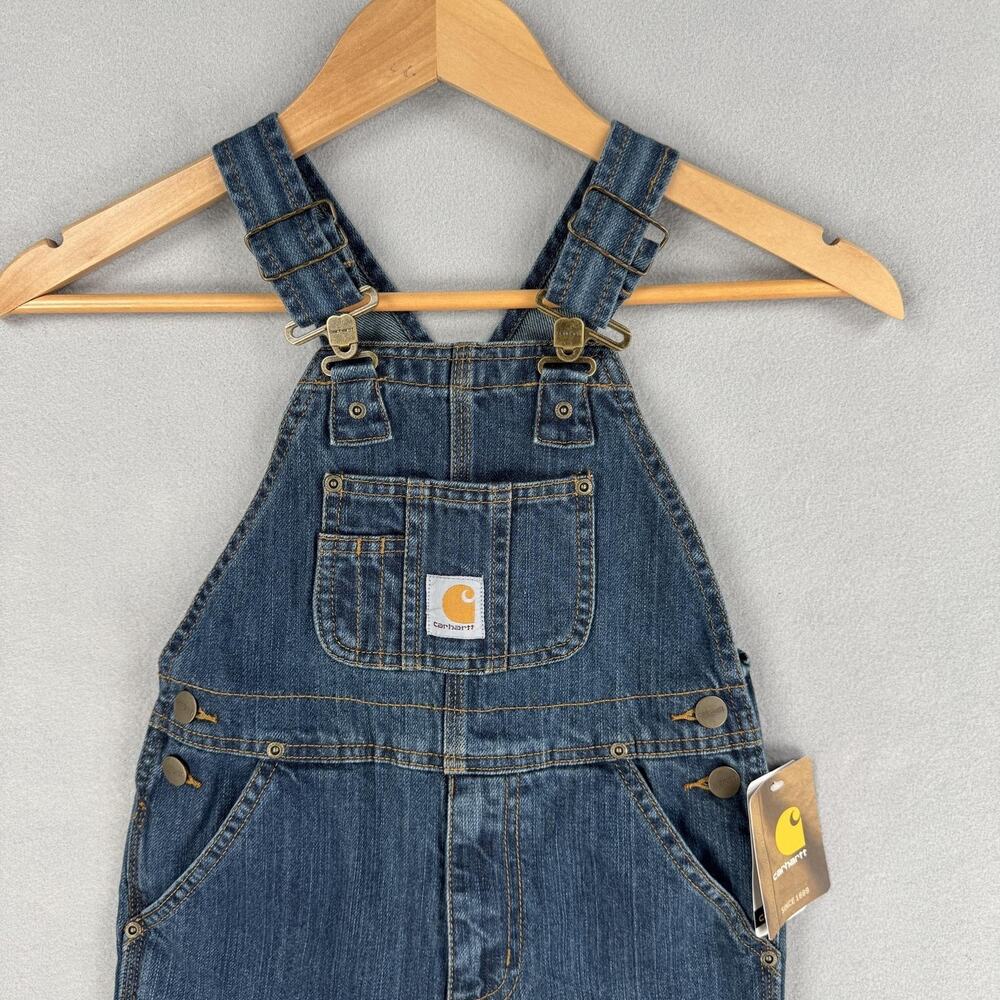 Carhartt Bib Overalls Kids 4 Blue Denim Original Fit Workwear Jeans Pockets - Picture 2 of 14
